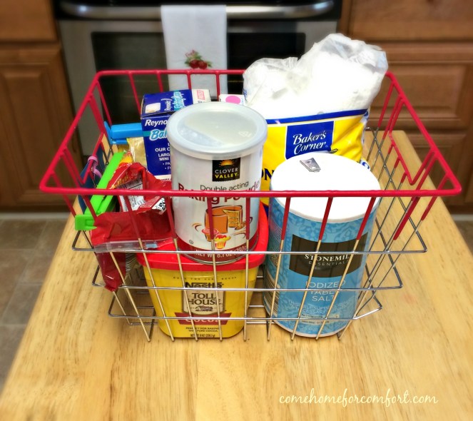 Corral like items in a basket for easy access while baking - Come Home For Comfort