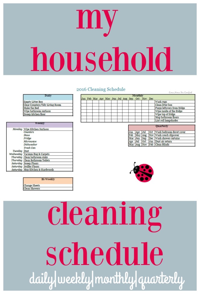 Cleaning schedule to keep you on track and help you get things done! via ComeHomeForComfort.com